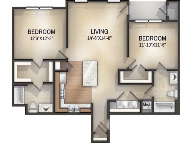 Floor plan for 2 beds, 2 baths, 1066 sqft